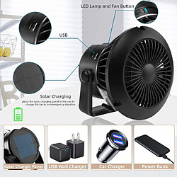 Ventilateur de Camping Ventilateur de Tente Rechargeable avec Crochet de Suspension Ventilateur Solaire Portable avec Lumière Mini Ventilateur de Refroidissement sur Pied USB Noir pas cher