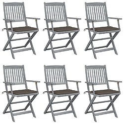 vidaXL Chaises pliables d'extérieur avec coussins - Acacia - Lot de 6 Chaises pliantes de salle à manger - Bois d'acacia massif gris délavé - Coussins taupe inclus - 54 x 57 x 91 cm