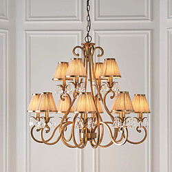 Interiors 1900 Chandelier Oksana, laiton antique, gouttes cristal, 12 abat-jours beiges