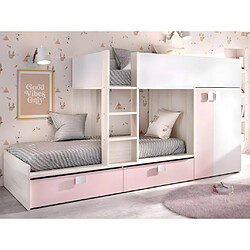 Vente-Unique Lits Superposés 2 x 90 x 190 cm - Armoire intégrée - Blanc, naturel et rose + matelas - JUANITO