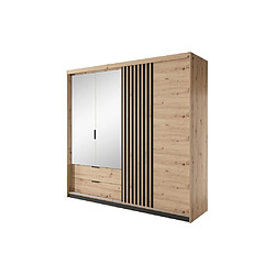 Vente-Unique Armoire 3 portes et 2 tiroirs - Miroir et LEDs - L220 cm - Coloris : Naturel et noir - ARIADA