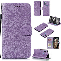 Etui en PU fleur en dentelle imprimée violet pour votre Samsung Galaxy A11