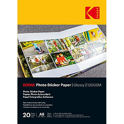 KODAK Photo Sticker Paper - Pack 20 feuilles papier photo A6 autocollant - Brillante - 120 gsm - Compatible imprimantes jet d'encre - Blanc