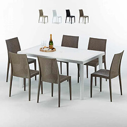 Table Rectangulaire Blanche 150x90cm Avec 6 Chaises Colorées Grand Soleil Set Extérieur Bar Café Bistrot Summerlife, Couleur: Marron