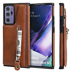 Coque en TPU + PU nouveau revêtement anti-goutte avec porte-carte extérieure et pochette à fermeture éclair marron pour votre Samsung Galaxy Note 20 Ultra/Note 20 Ultra 5G