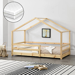 Lit Cabane Knätten avec Grille de Protection et Matelas Orthopédique 140 x 70 cm Naturel [en.casa]