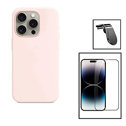 PHONECARE Kit Film Verre Trempé 5D Full Cover + Coque Silicone Liquide + Support Magnétique L Safe Driving Voiture pour Apple iPhone 15 - Rose