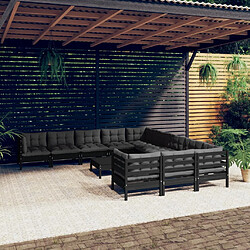 vidaXL Salon de jardin 12 pcs avec coussins Noir Bois de pin