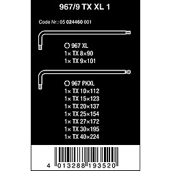 Set Clé allen long 9-unités T8-T40 Tête sphérique Wera