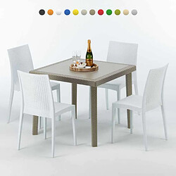 Grand Soleil Table carrée beige + 4 chaises colorées Poly rotin synthétique Elegance, Chaises Modèle: Bistrot Blanc