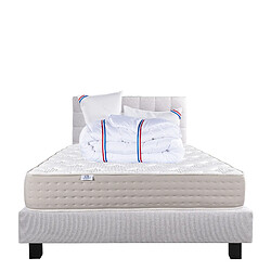 LUXURY LITERIE Ensemble matelas Dreamlux 140x200 cm + sommier gris ep20cm + 2 oreillers + couette + Tête de Lit