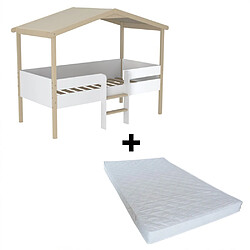 Le Quai Des Affaires Lit cabane PILOTI 90x190 + 1sommier+ matelas IRIS / Blanc et naturel