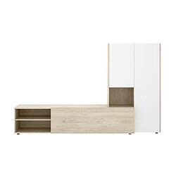 Pegane Ensemble de salon avec meuble TV + module haut en bois mélaminé coloris chêne naturel, blanc - Longueur 227 x Profondeur 40 x Hauteur 140 cm