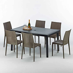 Grand Soleil Table rectangulaire et 6 chaises Poly rotin colorées 150x90cm noir Enjoy, Chaises Modèle: Bistrot Marron Moka