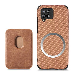 Coque en TPU antichoc, texture en fibre de carbone, magnétique avec porte-carte marron pour votre Samsung Galaxy A22 4G (EU Version)