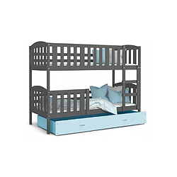 Kids Literie Lit Superposé 3 Places Teo 90x190 Gris - bleu Livré avec sommiers, tiroir et matelas en mousse de 7cm