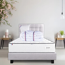 LUXURY LITERIE Ensemble Complet Matelas Iris (20 cm) ferme, Sommier gris(20cm) , Tête de lit, Oreiller et Couette, 90x190cm