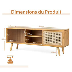 Avis Helloshop26 Meuble TV en bambou avec 4 compartiments pour tv 55 au max banc tv à 4 pieds en bois massif 2 portes coulissantes en rotin et verre trempé 120,5 x 31 x 45,5 cm 20_0004917