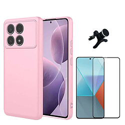 NIS Kit de film en verre 5D à couverture complète + coque en silicone + support rose Poco F6 Pro