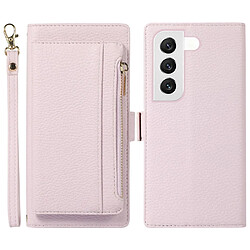 Etui en PU texture litchi, anti-rayures, magnétique avec support, pochette zippée et sangle pour votre Samsung Galaxy S22 5G - violet clair