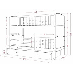 Kids Literie Lit Superposé 3 Places Tomy 90x190 Gris - bleu Livré avec sommiers, tiroir et matelas en mousse de 7cm pas cher