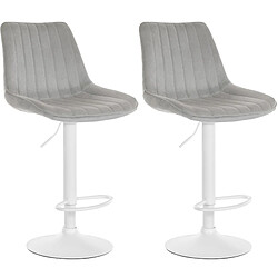 Decoshop26 Lot de 2 tabourets de bar réglable en hauteur pivotant à 360° assise en velours gris couture verticale pied métal blanc 10_0004431 