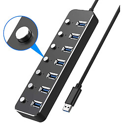 Répartiteur de hub USB, hub de données USB 3.0 en aluminium avec interrupteurs marche/arrêt individuels et lumières LED pour ordinateur portable, ordinateur PC (120 cm) (7 ports)