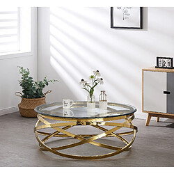 Vivenla Table basse design rond avec piètement en acier inoxydable poli doré et plateau en verre trempé transparent L. 100 x H. 43 cm collection ENRICO pas cher