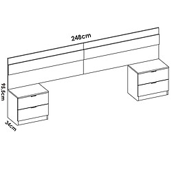 Pegane Tête de lit + 2 tables de chevet avec 2 tiroirs + commode haute avec 5 tiroirs + armoire coloris chêne naturel , blanc