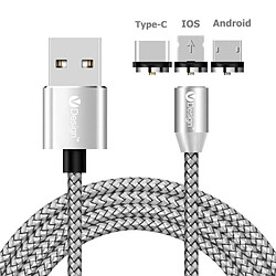 Argent 2M 360 ° rond Magnétique Adaptateur USB Type-C / IOS / Câble chargeur rapide pour tous les Smartphone