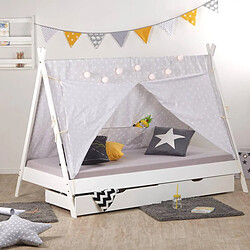 Homestyle4U Lit enfant Tipi 90x200 Blanc avec Sommier à Lattes Tiroir 2 tiroirs et Tissu de Tente Gris étoilé