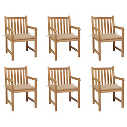 vidaXL Chaises de jardin lot de 6 et coussins beige Bois teck massif