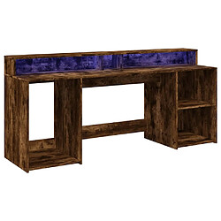 Helloshop26 Bureau table poste de travail meuble d'ordinateur informatique étude et lumières LED chêne fumé 200 x 55 x 91cm bois d'ingénierie brun 02_0023788