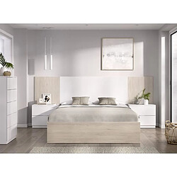 Cstore Ensemble structure de lit + tete de lit et 2 tables de nuit avec 2 tiroirs - LOMA - 160 x 200 cm - Chene naturel / Blanc