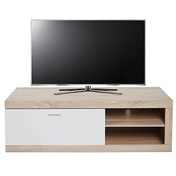 Mendler Meuble TV HWC-L33, Table de télévision Table basse Armoire TV Commode, bois 43x140x41cm Compartiment de rangement, aspect chêne, blanc