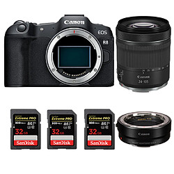 Canon EOS R8 Boîtier + EF-EOS R + RF 24-105 mm f4-7.1 IS STM + SanDisk 32 Go 3 pièces