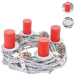 Mendler Couronne de l'Avent ronde, décoration de Noël, bois, Ø 30cm, blanc / gris ~ avec des bougies, rouge