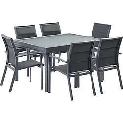 Wilsa Garden Ensemble MODULO 6/10p en aluminium gris et verre transparent et 6 fauteuils en aluminium et assise textilène