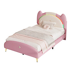 KOMHTOM Lit simple enfant 90x200 cm, avec cadre en bois massif et fer tubulaire, bande LED, beige + rose