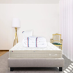 LUXURY LITERIE Ensemble Matelas Sublime, 20 cm, mousses haute densité, ferme, face été/hiver + sommier gris ep20cm + oreiller + couette, 90x190cm