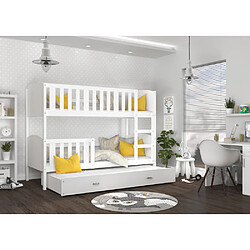 Kids Literie Lit Superposé 3 Places Tomy 90x190 Blanc - blanc Livré avec sommiers, tiroir et matelas en mousse de 7cm