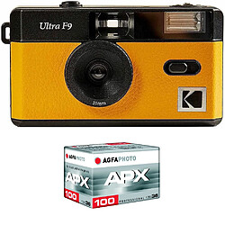 KODAK Pack F9 Argentique + Pellicule APX 100, 36 poses - Appareil Photo Kodak Rechargeable 35mm Jaune, Objectif Grand Angle Fixe - Jaune