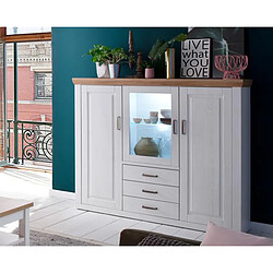 Pegane Buffet / Vaisselier en pin blanc et chêne avec LED - L.163 x H.142 x P.40 cm