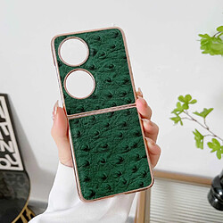 Coque en TPU + cuir véritable électroplaqué, texture autruche, anti-rayures pour votre Huawei P50 Pocket - vert