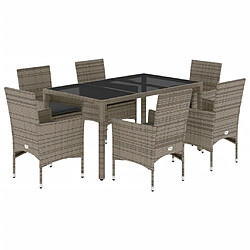 vidaXL Ensemble à manger de jardin et coussins 7 pcs gris rotin verre