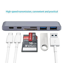 Wewoo Pour Macbook 2015/2016 / 2017 gris carte SD et fente 6 en 1 Multi-fonction en alliage d'aluminium 5Gbps taux de transfert double adaptateur USB-C / Type-C HUB avec 2 ports USB 3.0 2 USB-C / Type-C fente TF pas cher