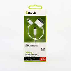 Muvit Câble 3 en 1 pour Apple dock 30 Broches/Lightning/Micro-USB 2.4A Spring Cable 1m Noir