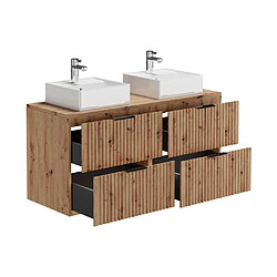 Avis Vente-Unique Meuble de salle de bain suspendu strié avec vasque à poser et colonne - Naturel clair - 120 cm - ZEVARA