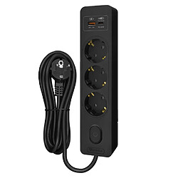 Null Multiprise SELDUR G3TH22S, 3 prises type F + interrupteur, USB A+C charge rapide 20W, Noir, câble 2m