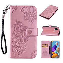 Etui en PU empreinte chouette fleur motif or rose pour votre Samsung Galaxy A21s